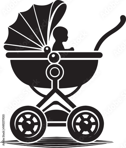 Silhouette of a baby in a stroller with a canopy on a white background vector art