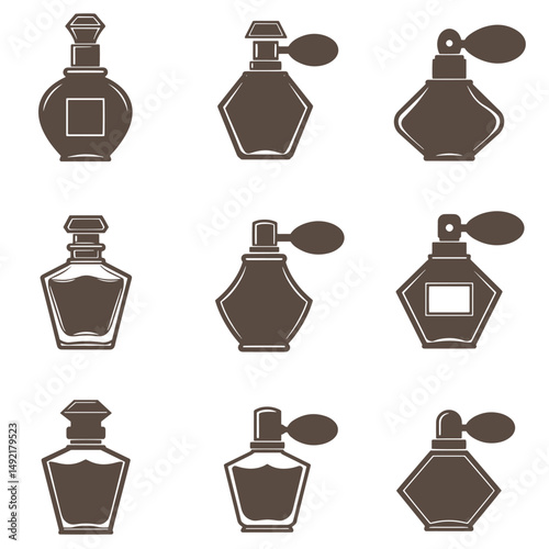 Vector illustration showcases a collection of elegant perfume bottle silhouettes in various shapes and styles on a clean white background for cosmetic designs.
