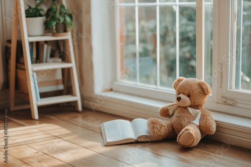 Cozy reading nook featuring a teddy bear and an open book basking in soft afternoon sunlight by the window Generative AI