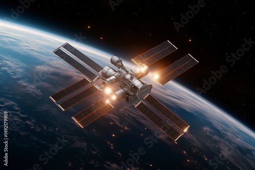 Orbiting marvel of human engineering illuminates the Earth with its radiant technology as it glides among stars in a serene night sky Generative AI