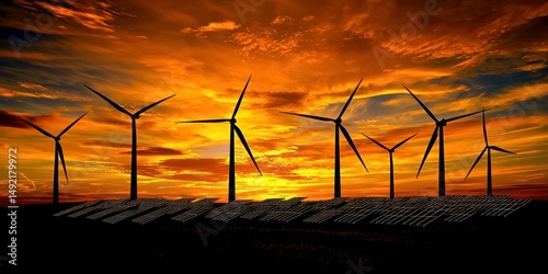 Wind turbines spinning with solar panels beneath, generating green energy at sunset