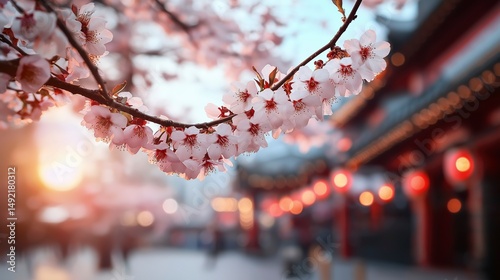 Cherry blossoms bloom at dusk, casting a soft glow over ancient streets filled with lanterns and tranquility in a bustling town Generative AI