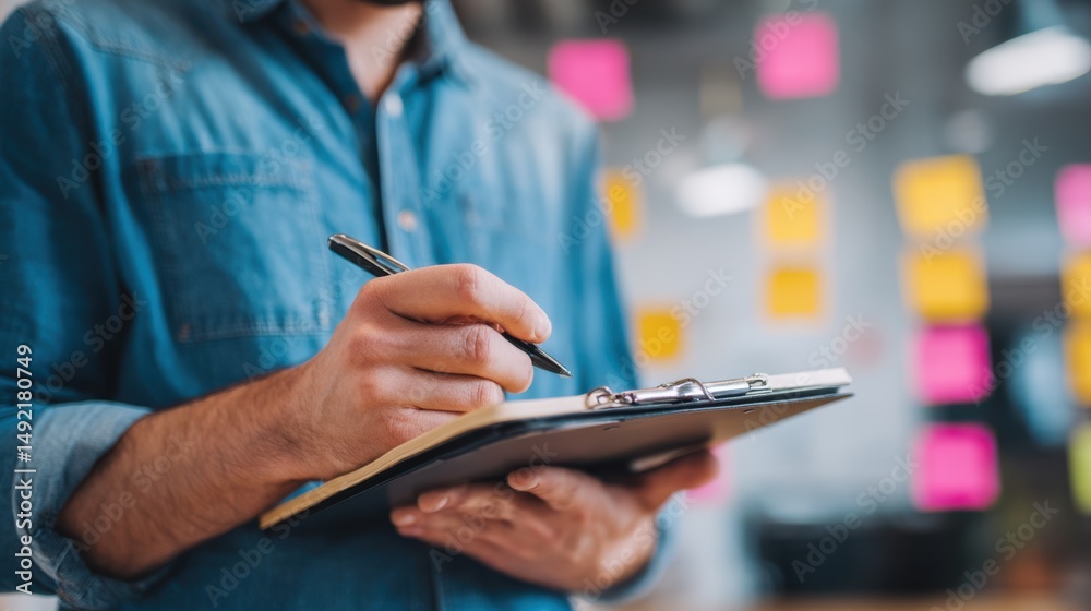 Fototapeta premium Person in denim shirt takes notes on clipboard in modern office with colorful sticky notes in background.