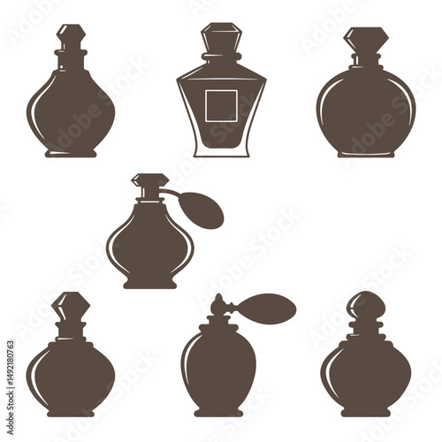 Collection of vintage perfume bottles in silhouette style depicting classic fragrance containers with unique shapes and designs for beauty and elegance.