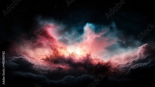 Vibrant cosmic nebula emerges in the vast night sky, showcasing colors of pink, blue, and deep indigo from light-years away Generative AI