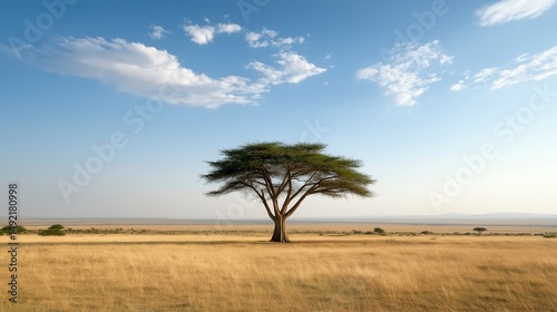 Vibrant acacia tree stands majestically in the golden savanna under a brilliant blue sky at dusk in Africa's wilderness Generative AI
