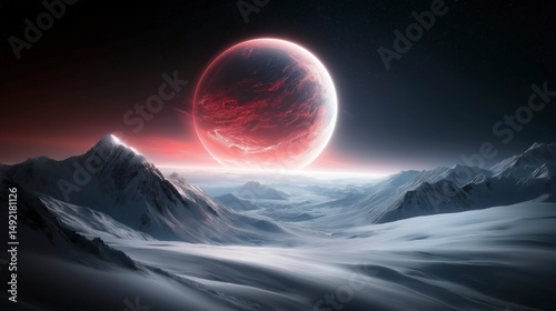 Majestic view of a crimson planet looming over a surreal icy landscape at twilight Generative AI