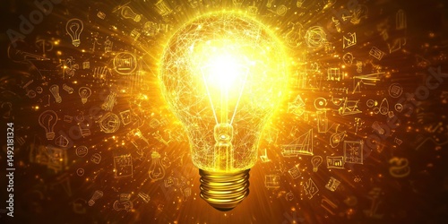 A big idea represented by a vector lightbulb that shines with creativity, surrounded by symbols of innovation.
