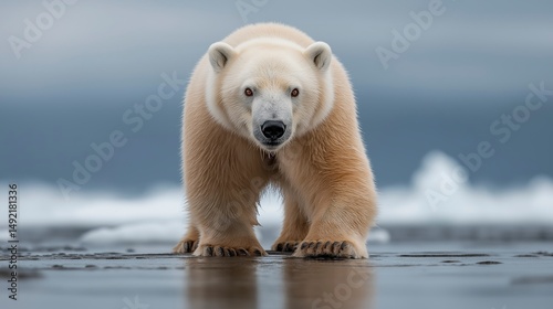 Majestic polar bear wanders along the icy shores under a dramatic cloudy sky Generative AI