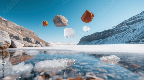 Floating stones create a surreal landscape over a frozen lake in a remote mountainous region during a bright winter day Generative AI