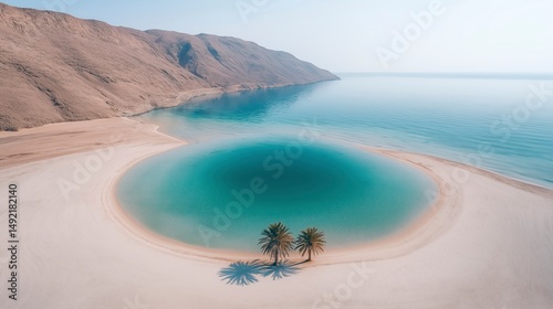 Inviting turquoise waters embrace a serene coastline lined with palm trees and majestic mountains in a tranquil setting Generative AI