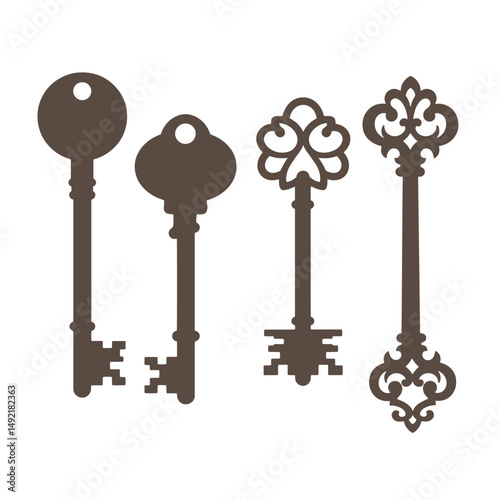 Four antique silhouette keys in brown isolated on white background ideal for vintage decoration designs and concepts