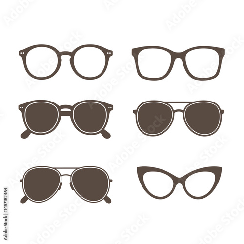 A collection of six different eyeglasses silhouette illustrations showcasing various classic and modern eyewear frames on a clean white background.
