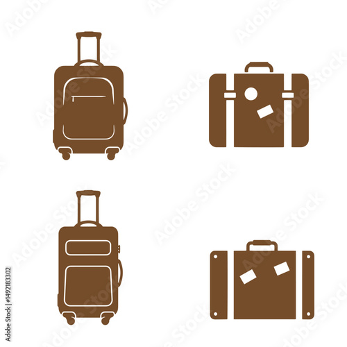 Four silhouette suitcases in brown color set against a clean white background indicating travel and vacation concepts for diverse design projects