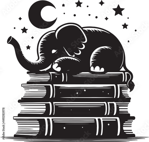 An illustration of an elephant sleeping on a stack of books under a moon and stars