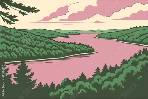 Pink lake with lush forest surroundings vector illustration