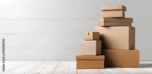 Stack of cardboard boxes on wooden floor against a white wall, perfect for shipping or storage themes.