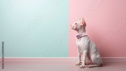 Playful white dog sitting gracefully against pastel blue and pink walls in a chic interior space filled with light Generative AI