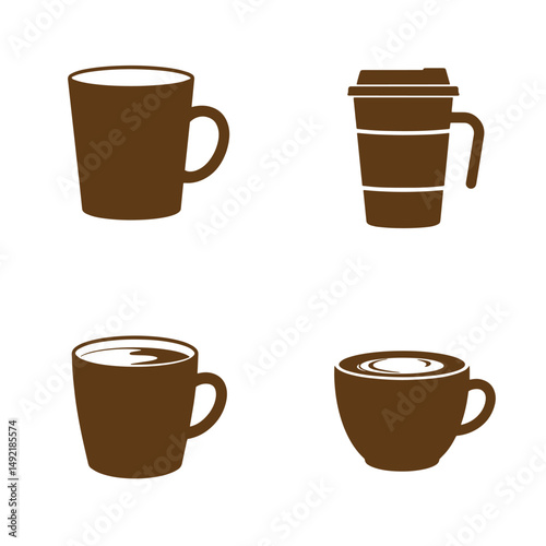 Simple brown silhouette illustrations presenting a variety of coffee and tea mugs, depicting different cup styles with minimalist design.
