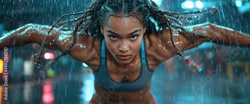 Woman in push-up pose in rain photo