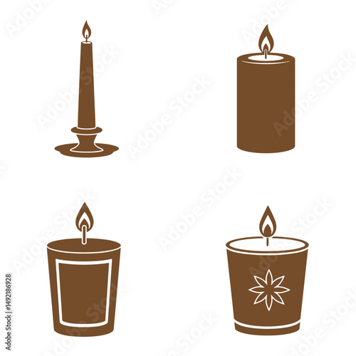 Four different candle designs illustrated with a minimalist silhouette style, each depicting a burning flame perfect for various concepts.