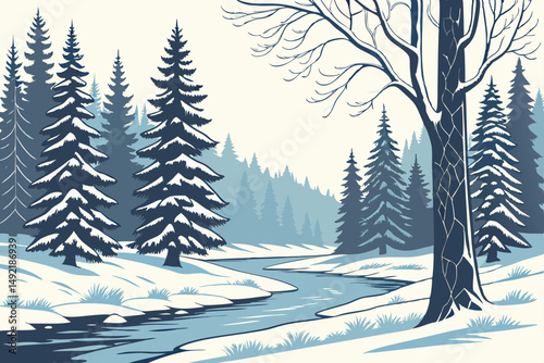 Winter pine forest with icy river view vector illustration