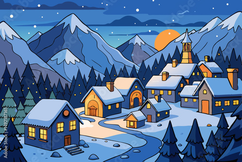 Snowy village glowing in mountain valley vector illustration