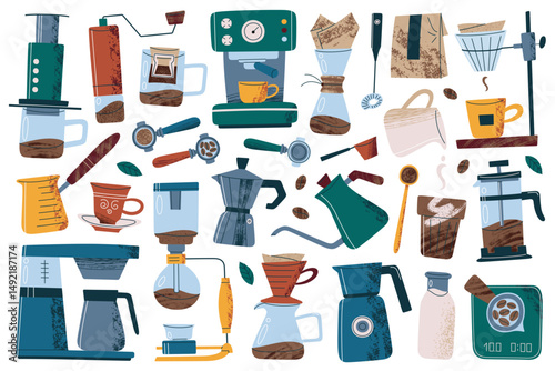 Trendy flat coffee equipment collection for home brewing and cafe. Espresso machine, pour over set, filter drip coffee and french press vector illustrations. Textured icon set for stickers and design