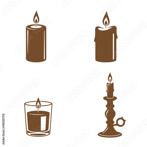 Four stylized silhouette candle illustrations representing different designs including a pillar candle a dripping candle a glass candle and a candelabra