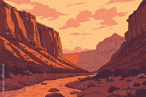 Sunset over rocky desert canyon in orange hues vector illustration