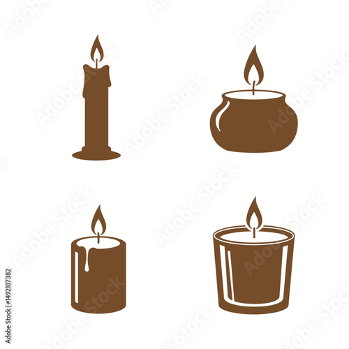 Collection of brown silhouette candle illustrations featuring various candle types including pillar candle, small jar candle, and votive candle designs on a white backdrop.