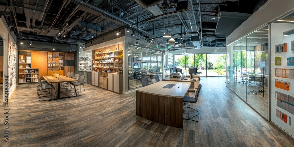 Fototapeta premium Architecture studio with open bench desks, material samples, and a glass pin-up meeting area