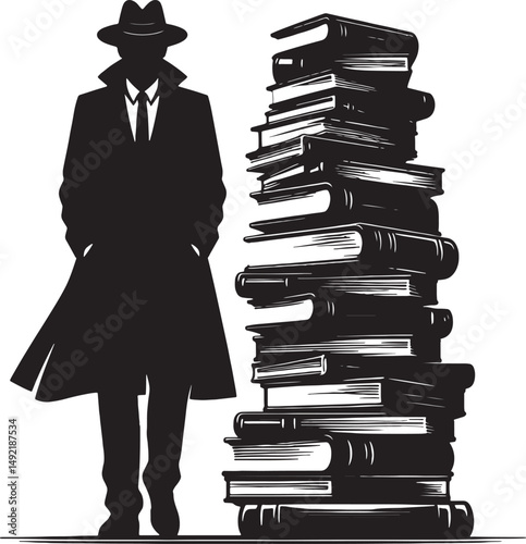 Silhouette of a man in a trench coat and hat standing next to a stack of books
