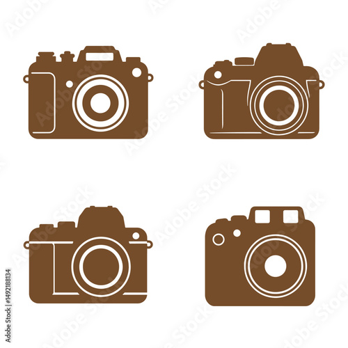 Set of four brown camera silhouettes on white background photography equipment concepts for design elements and icons