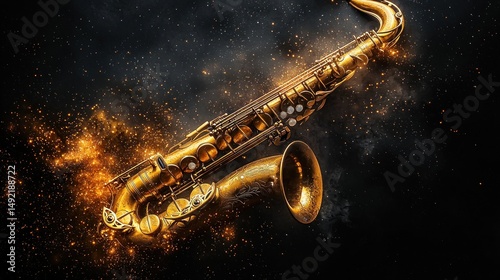 Golden saxophone in fiery backdrop