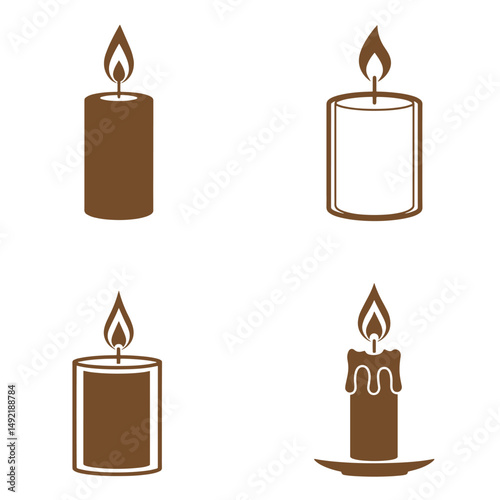 Elegant collection of brown candle silhouettes in various styles perfect for minimalist design and holiday themes on a pristine white background.