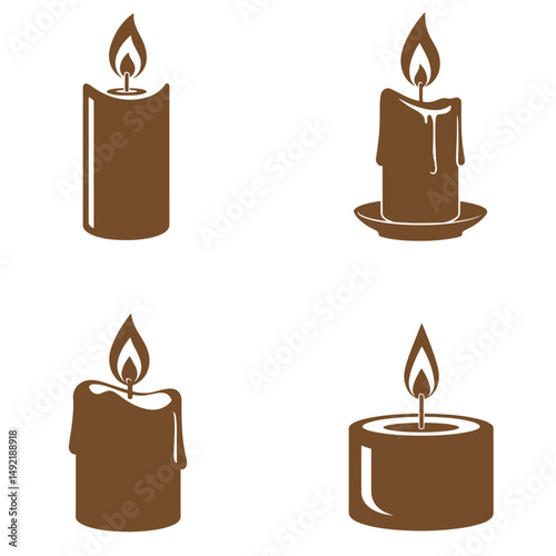 Four brown candle silhouettes with flames in various shapes and sizes create a warm ambiance suitable for design projects and illustrations