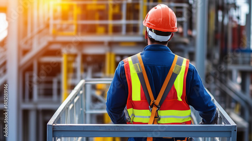 Worker on a Scissor Lift Platform working at site focus on full harness safety belt.