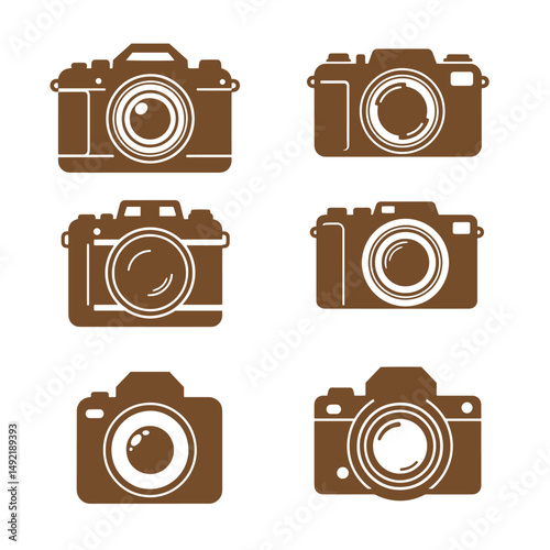 Six stylized illustrations depicting different digital camera designs rendered in a simple brown silhouette against a clean white background for varied applications.