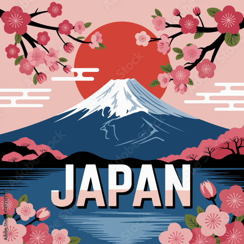 Japan Mount Fuji and Cherry Blossoms with Rising Sun Poster