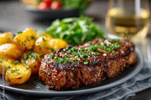 Juicy grilled steak served with roasted potatoes and fresh greens in a cozy dining setting