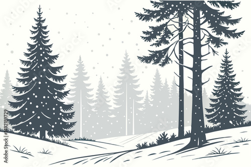 Snowy pine forest with falling snowflakes vector illustration