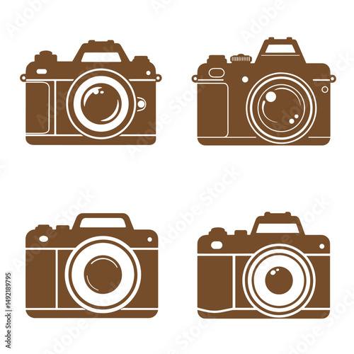 Four brown silhouette cameras artfully arranged on a white background, representing photography, capturing memories, and visual storytelling