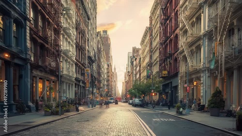 Charming soho street in manhattan, new york city at golden hour with historic cast-iron buildings, warm sunset light, and cobblestone pavement