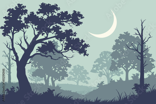 Crescent moon rising over a misty forest vector illustration