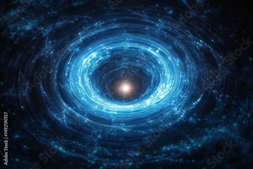 Bright swirling blue vortex surrounded by sparkling stars with a glowing white center radiating light in deep space
