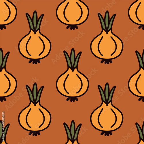 Seamless pattern of onions and flowers, a set of vegetables, a drawing, a hand-drawn illustration.