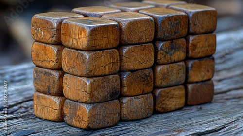 Stacked Wooden Cubes with Natural Texture on Rustic Wooden Surface