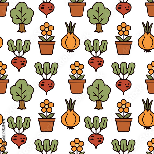 Seamless pattern of onions and flowers, a set of vegetables, a drawing, a hand-drawn illustration.
