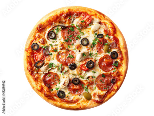 Overhead Shot of Delicious Pizza with Pepperoni, Mushrooms and Olives, PNG